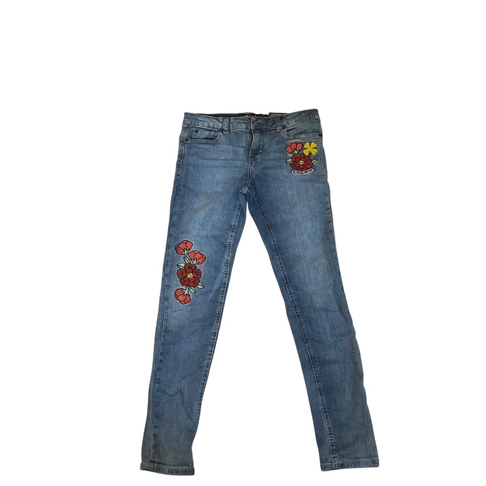 Lucky Brand Girls Embroidered Skinny Jeans Size 12 Blue Denim Floral Design